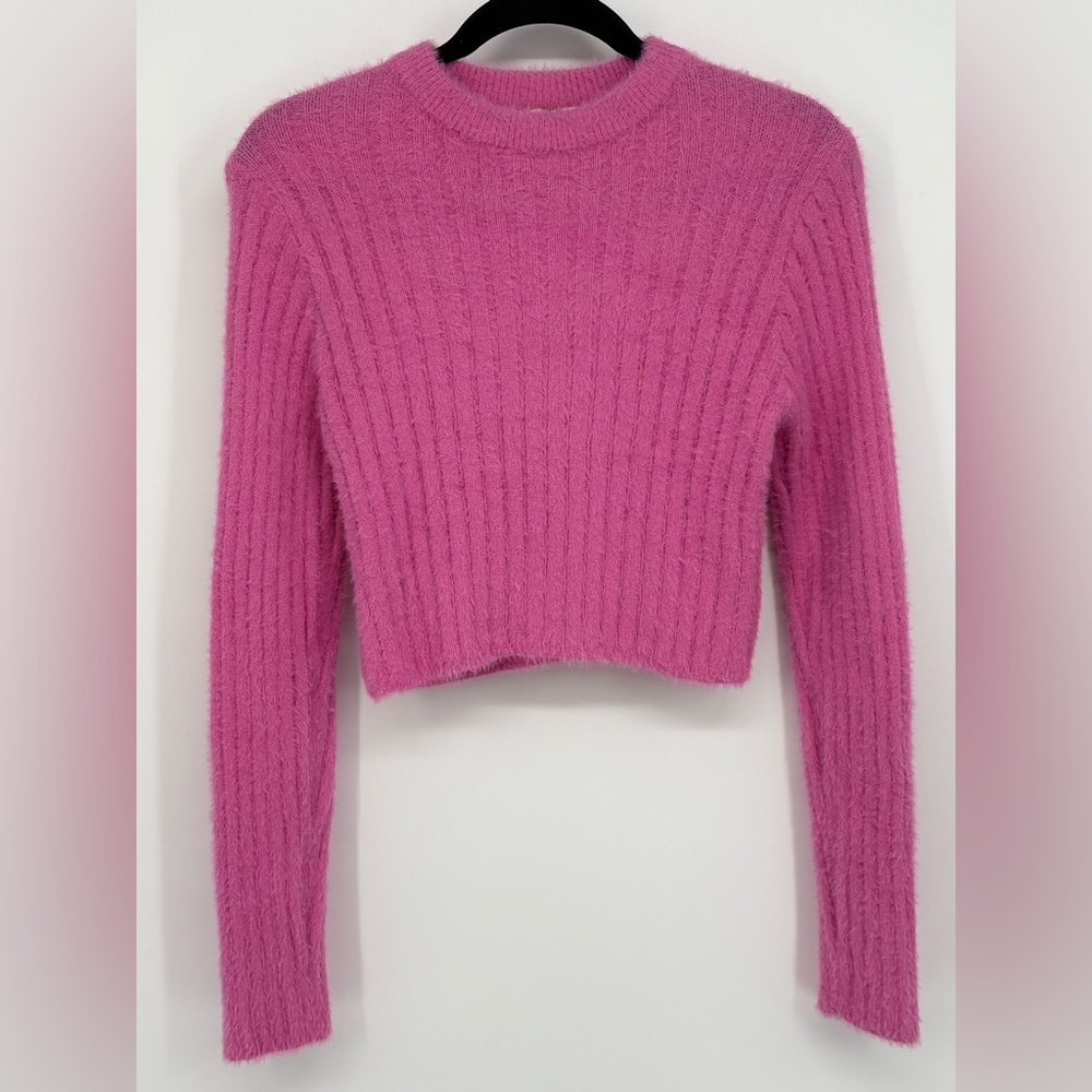 HIPPIE ROSE Sweater Fuzzy Soft Knit Pink Ribbed Crop Women’s Medium